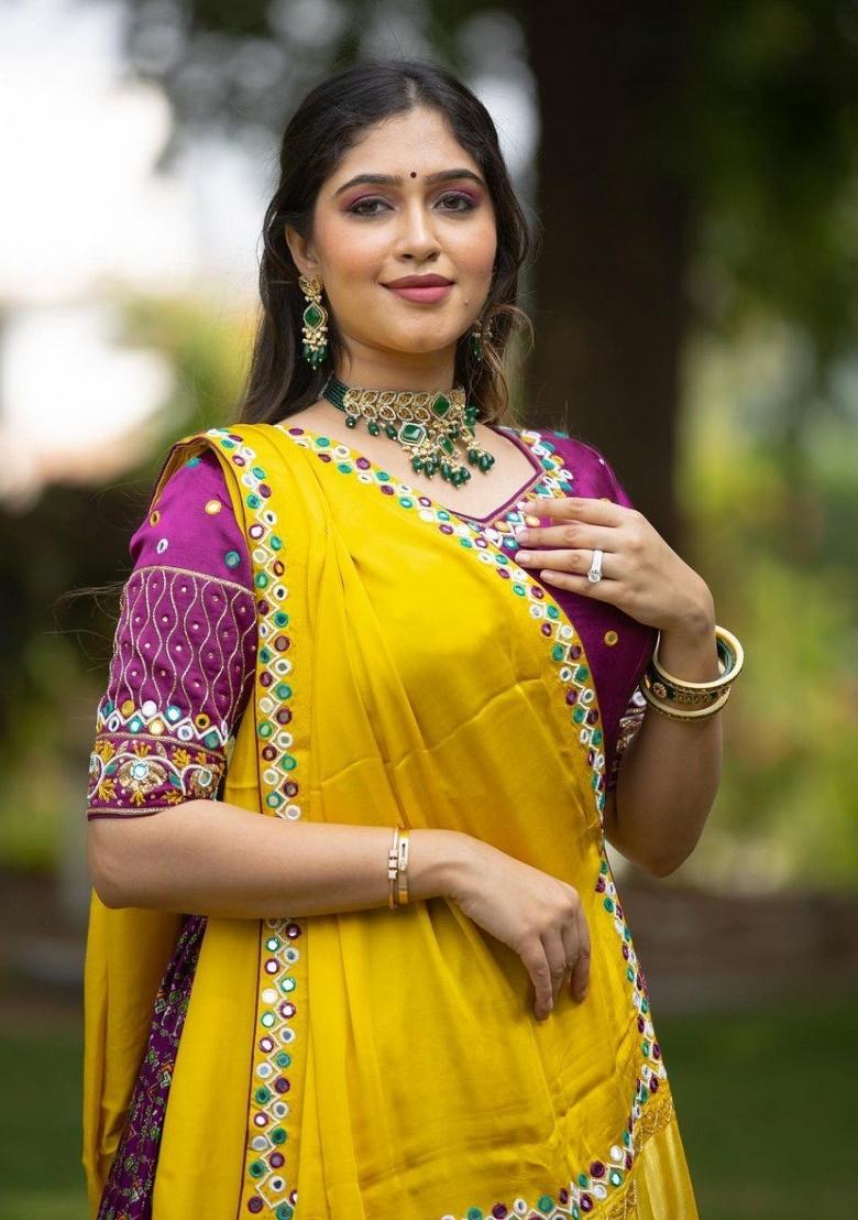 Purple Embroidered Silk Lehenga Set - Indya