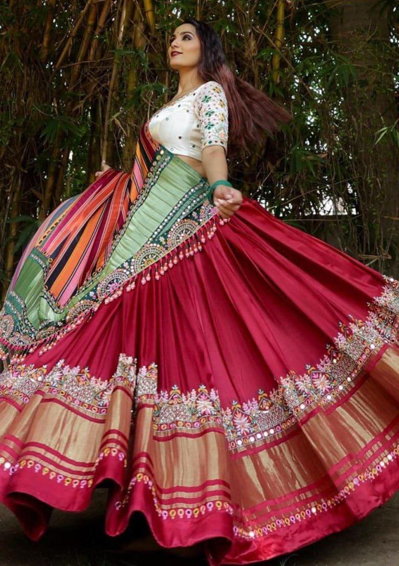 Red Embroidered Silk Lehenga Set - Indya