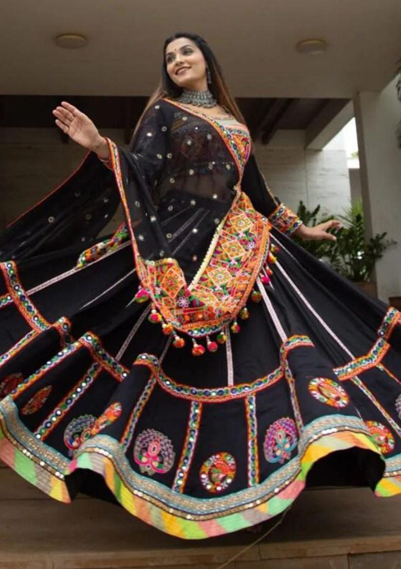 Black Embroidered Silk Lehenga Set - Indya
