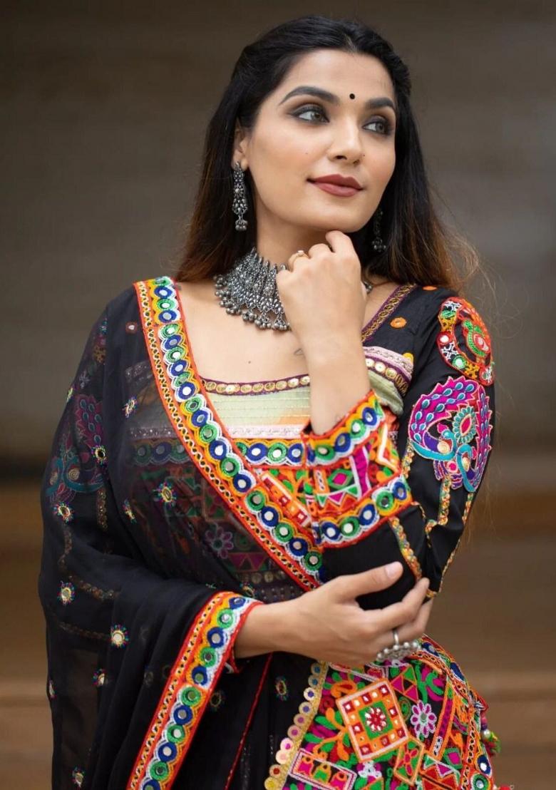 Black Embroidered Silk Lehenga Set - Indya