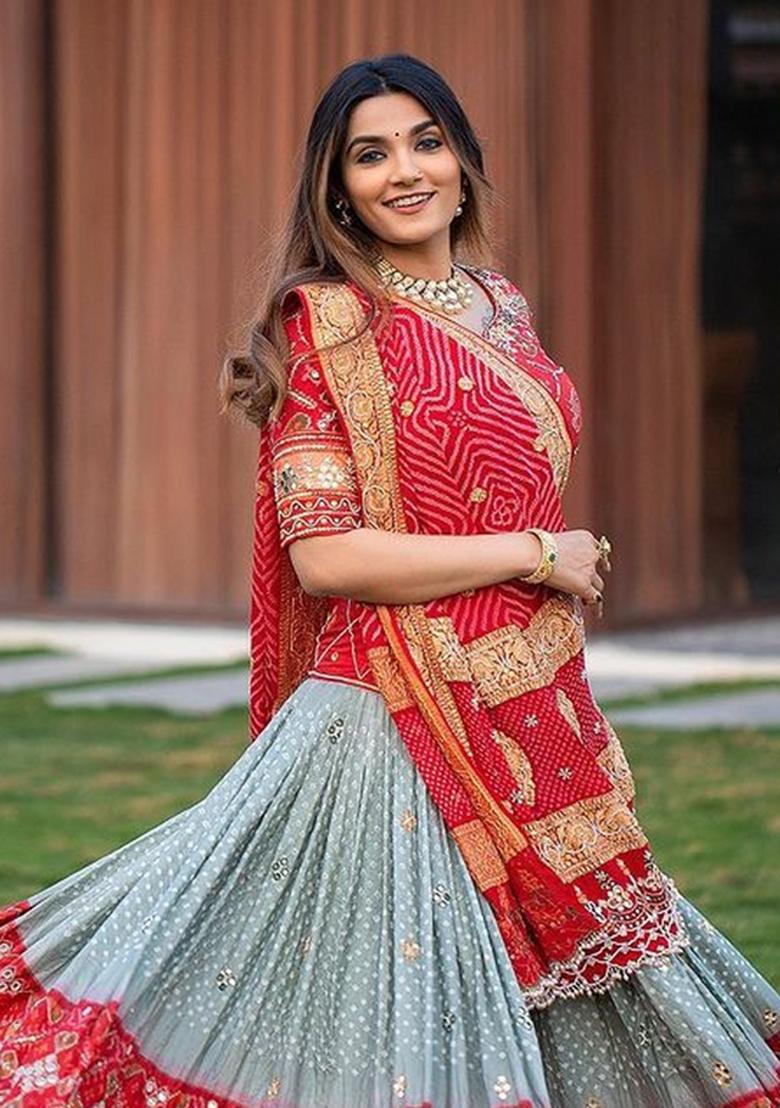 Red With Grey Embroidered Silk Lehenga Set - Indya