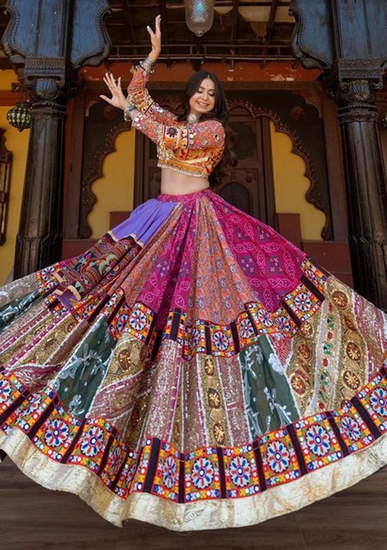 Multicolor Embroidered Silk Lehenga Set - Indya