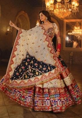 Red And Black Embroidered Silk Lehenga Set