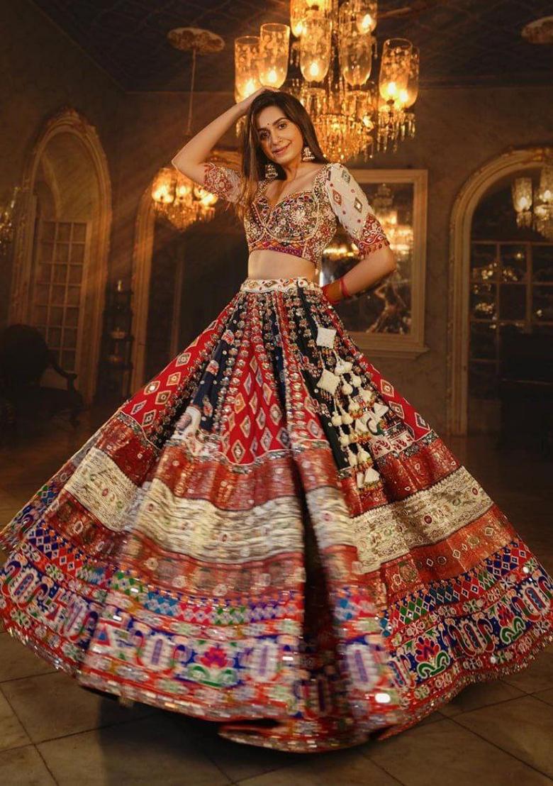 Red And Black Embroidered Silk Lehenga Set - Indya