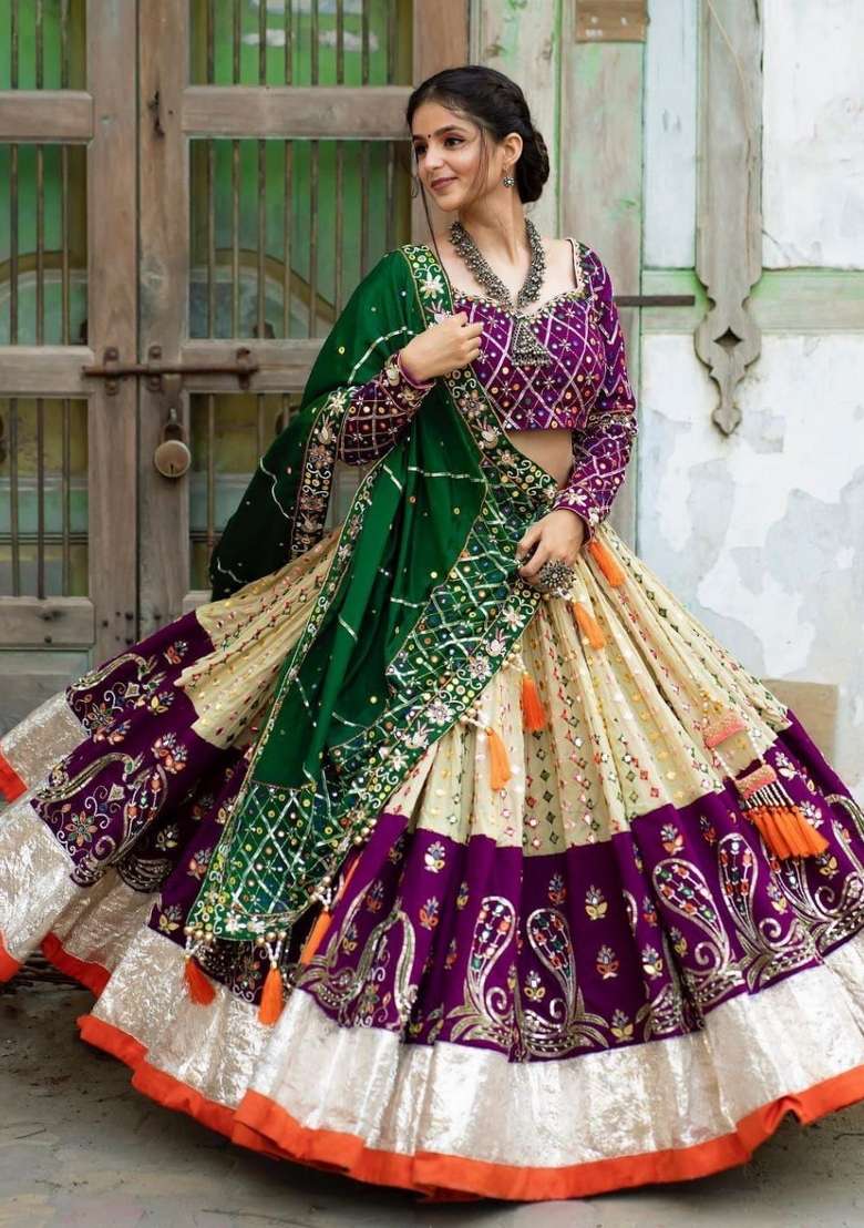 Cream Embroidered Silk Lehenga Set - Indya