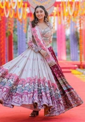 Off White Embroidered Silk Lehenga Set