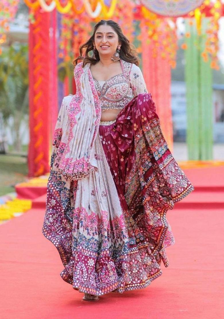 Off White Embroidered Silk Lehenga Set - Indya