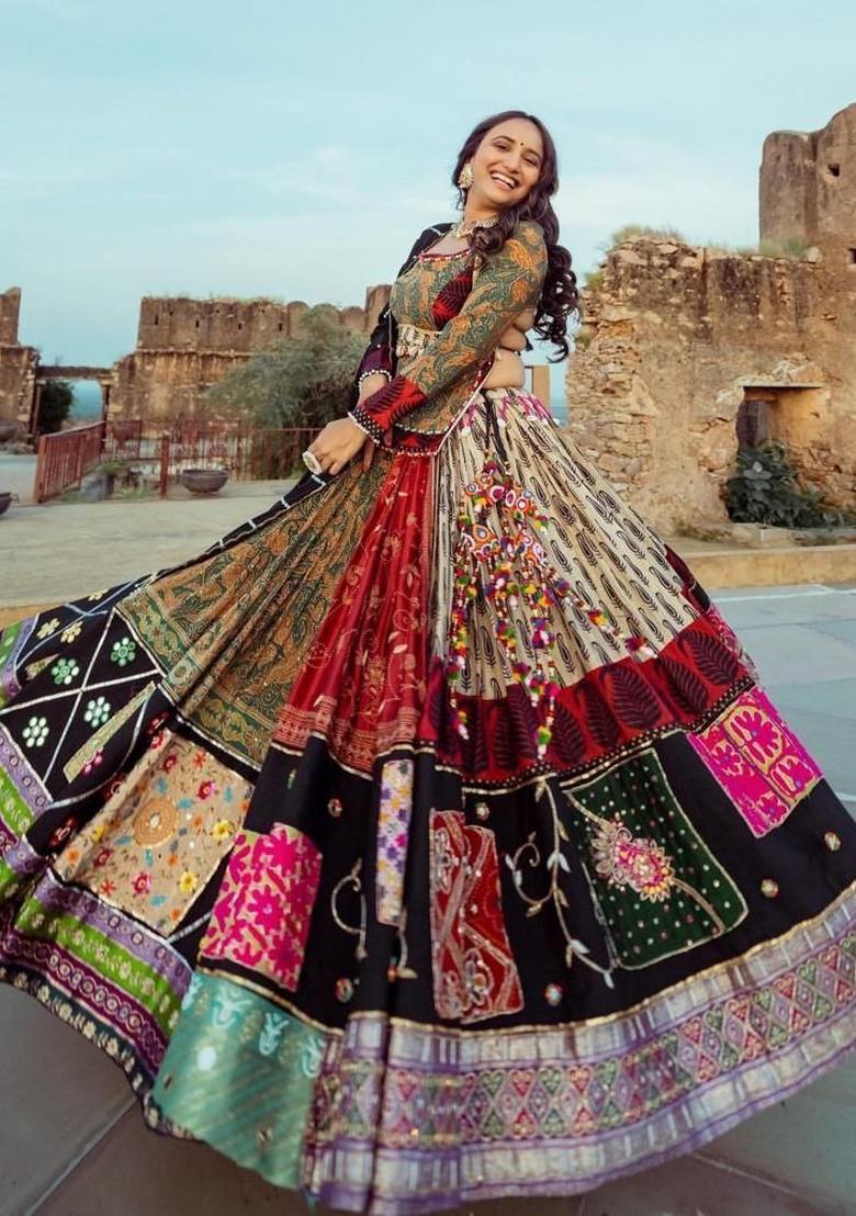 Multicolor Embroidered Silk Lehenga Set - Indya