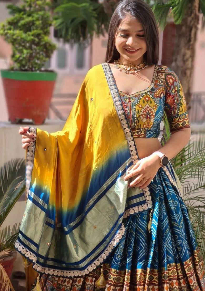 Blue Embroidered Silk Lehenga Set - Indya