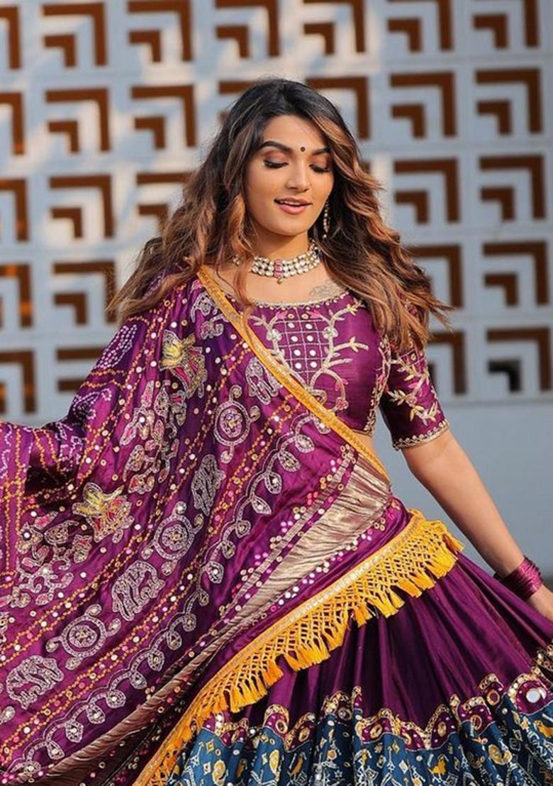 Wine Embroidered Silk Lehenga Set - Indya