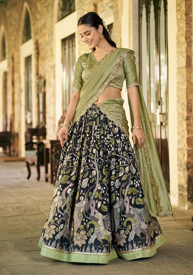 Black Embroidered Silk Lehenga Set - Indya