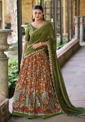 Orange Embroidered Silk Lehenga Set