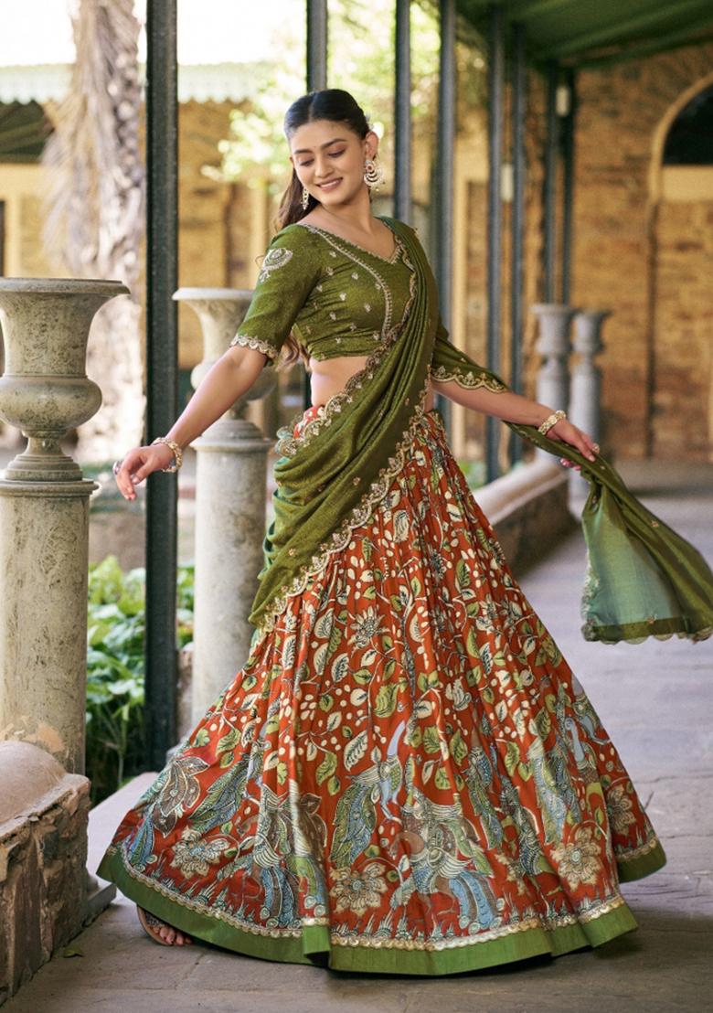 Orange Embroidered Silk Lehenga Set - Indya