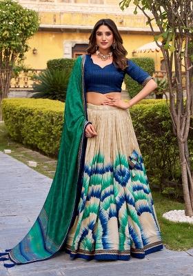 Navy Blue Embroidered Silk Lehenga Set