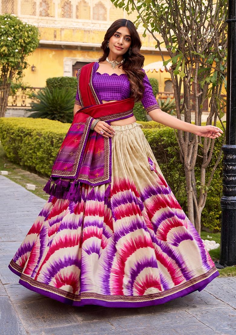 Purple Embroidered Silk Lehenga Set - Indya