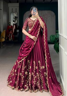 Maroon Embroidered Silk Lehenga Set