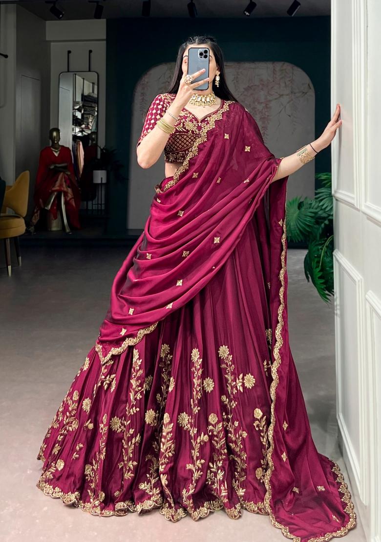 Maroon Embroidered Silk Lehenga Set - Indya