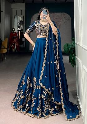 Navy Blue Embroidered Silk Lehenga Set