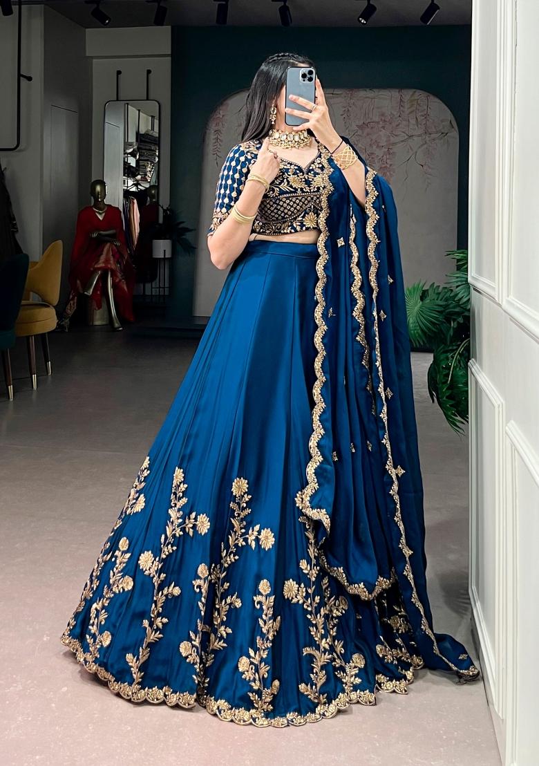 Navy Blue Embroidered Silk Lehenga Set - Indya