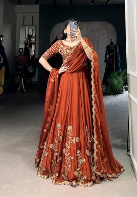 Orange Embroidered Silk Lehenga Set