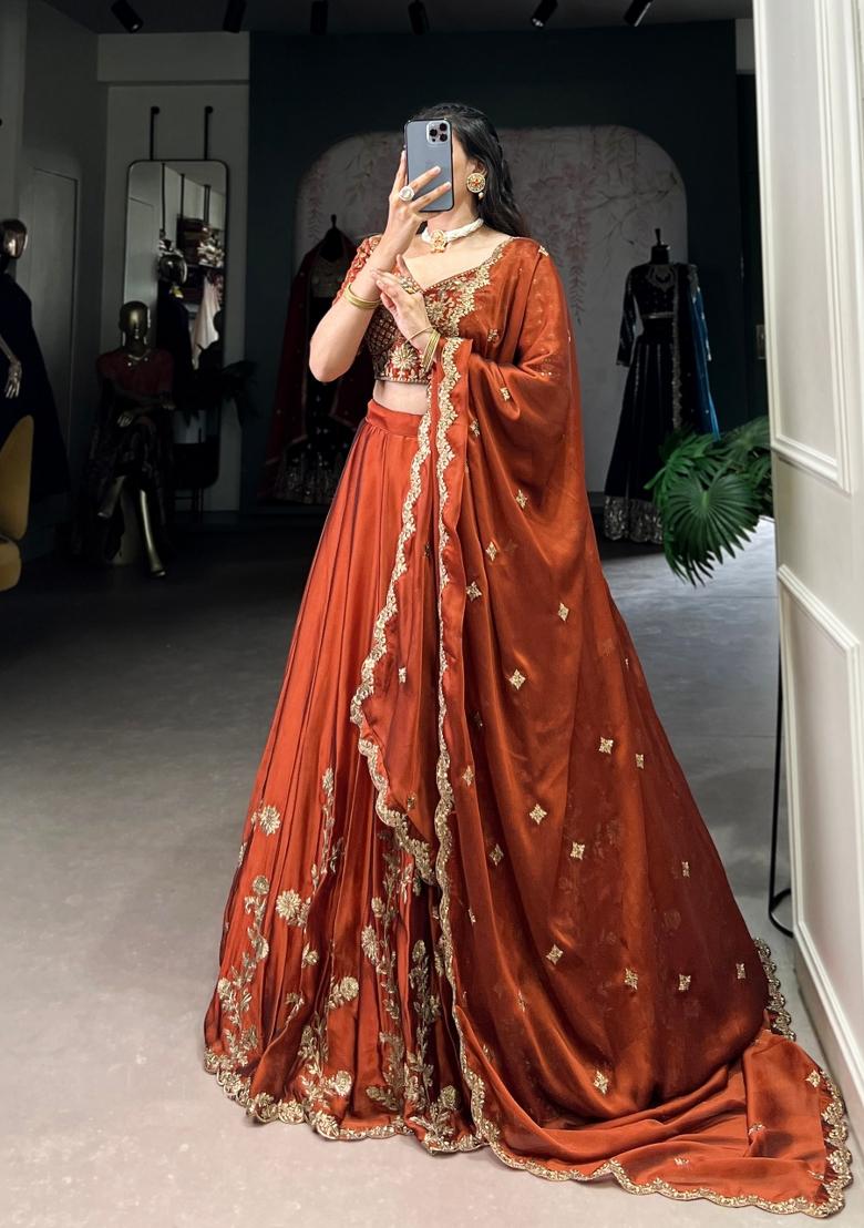 Orange Embroidered Silk Lehenga Set - Indya