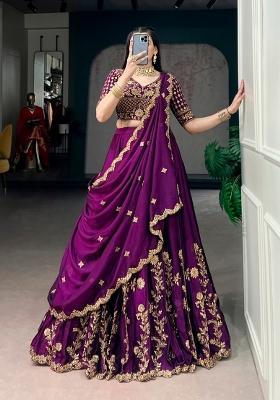 Wine Embroidered Silk Lehenga Set
