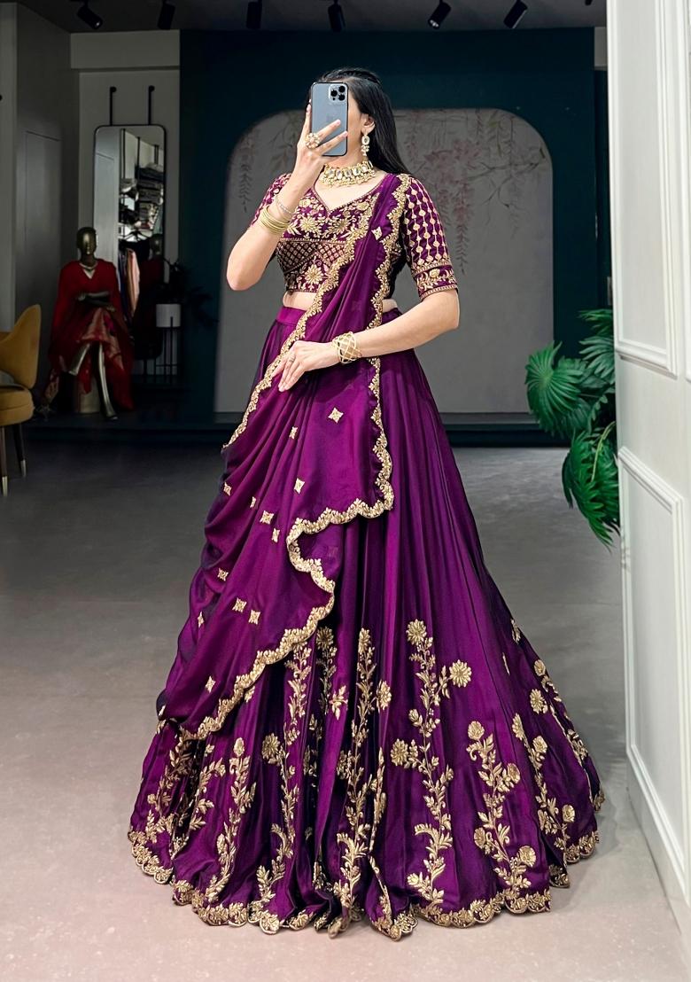 Wine Embroidered Silk Lehenga Set - Indya