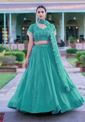 Sky Blue Embroidered Gold Coin Lehenga Set