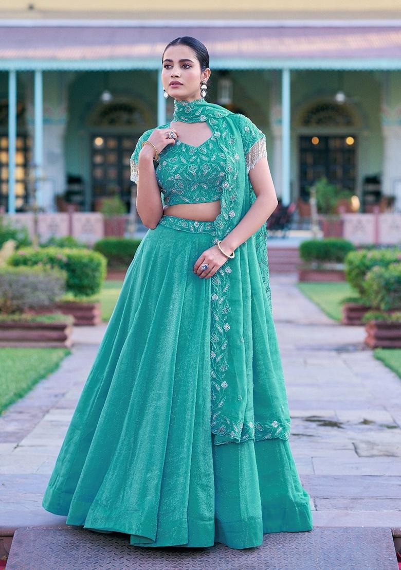 Sky Blue Embroidered Gold Coin Lehenga Set - Indya