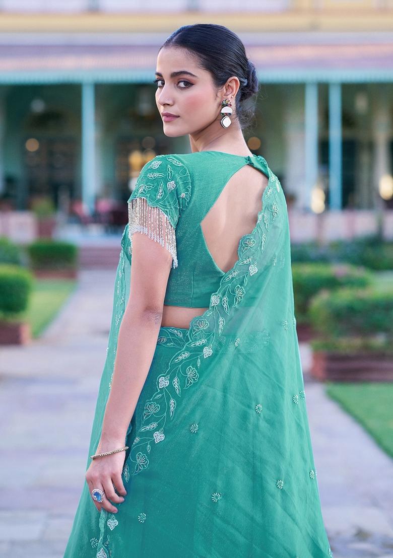 Sky Blue Embroidered Gold Coin Lehenga Set - Indya