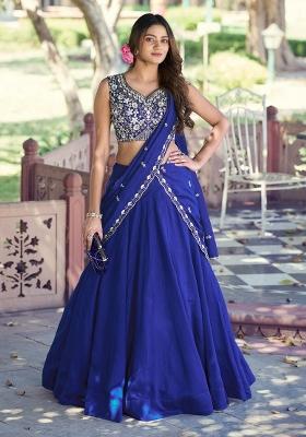Blue Embroidered P C Kashmiri Lehenga Set