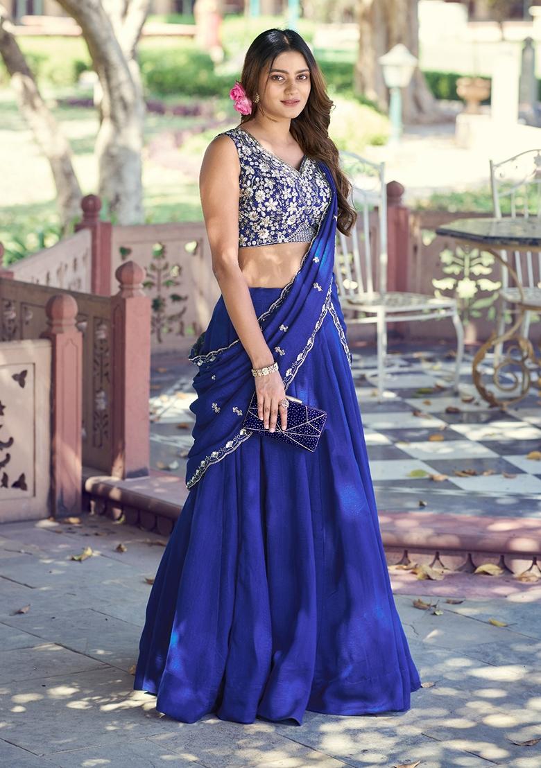 Blue Embroidered P C Kashmiri Lehenga Set - Indya