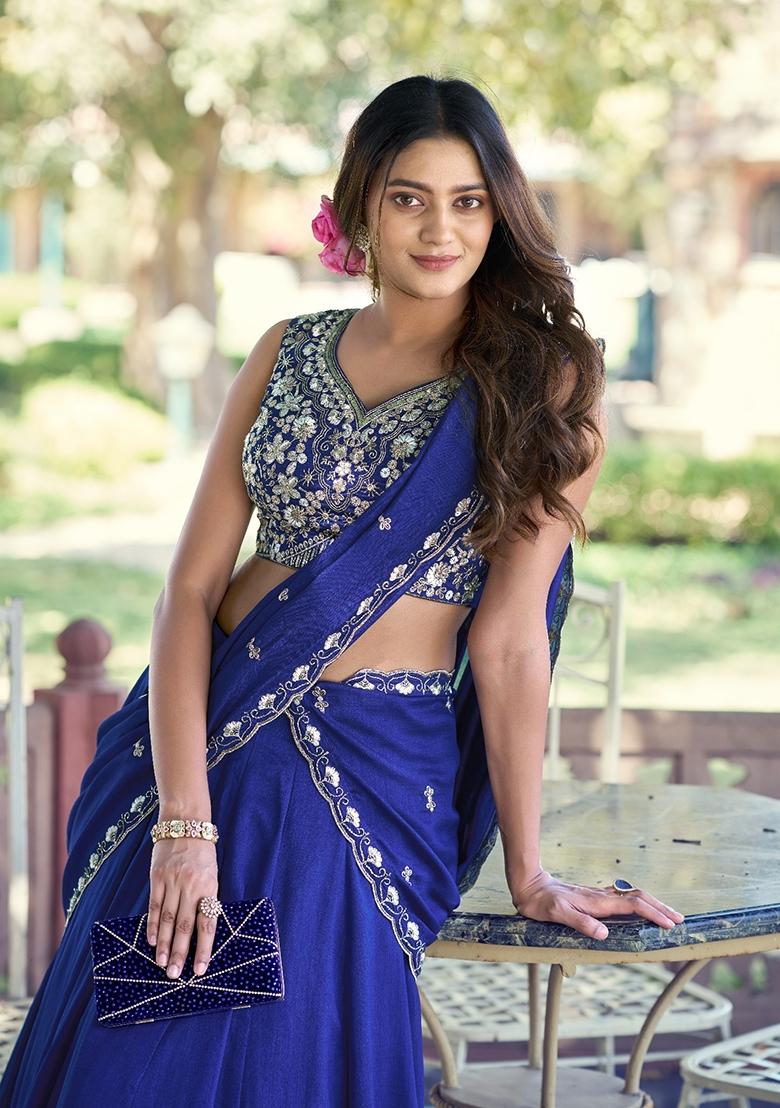Blue Embroidered P C Kashmiri Lehenga Set - Indya