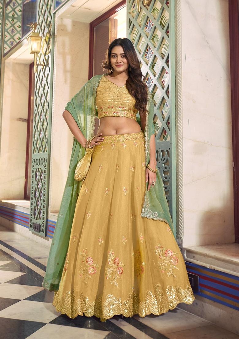Yellow Embroidered Silk Lehenga Set - Indya