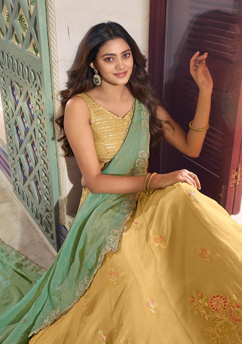 Yellow Embroidered Silk Lehenga Set - Indya