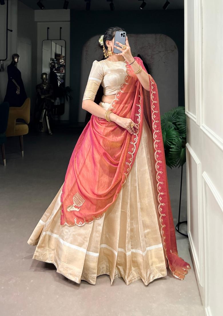 Light Pink Embroidered Jacquard Lehenga Set - Indya