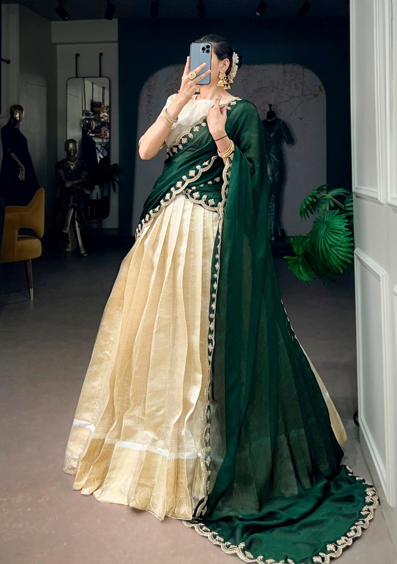 Mehendi Embroidered Jacquard Lehenga Set - Indya