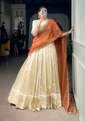Orange Embroidered Jacquard Lehenga Set
