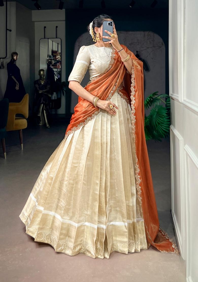 Orange Embroidered Jacquard Lehenga Set - Indya