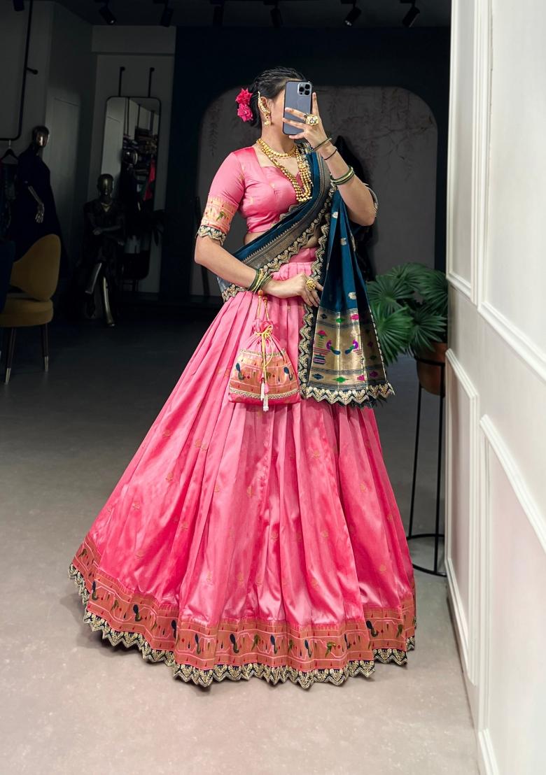 Light Pink Embroidered Silk Lehenga Set - Indya