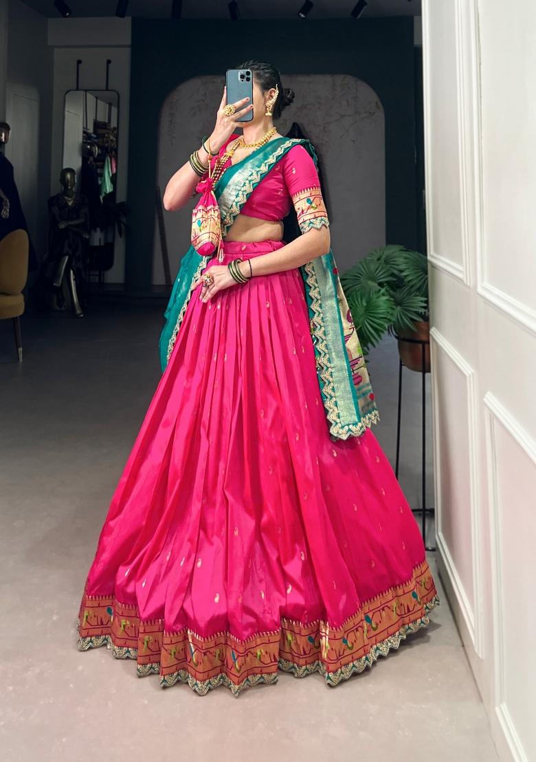 Pink Embroidered Silk Lehenga Set - Indya
