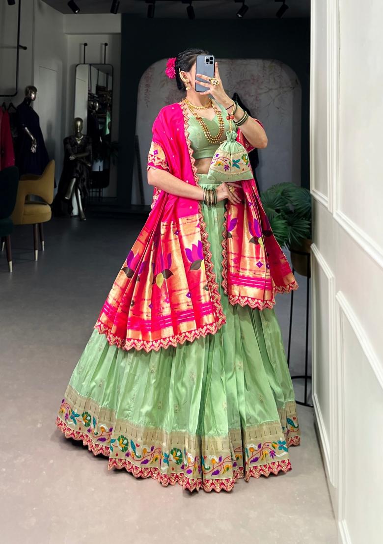 Pista Embroidered Silk Lehenga Set - Indya