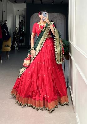 Red Embroidered Silk Lehenga Set
