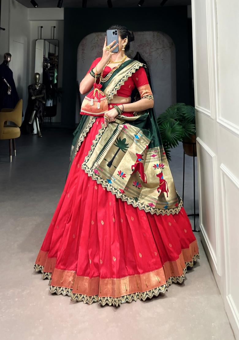 Red Embroidered Silk Lehenga Set - Indya