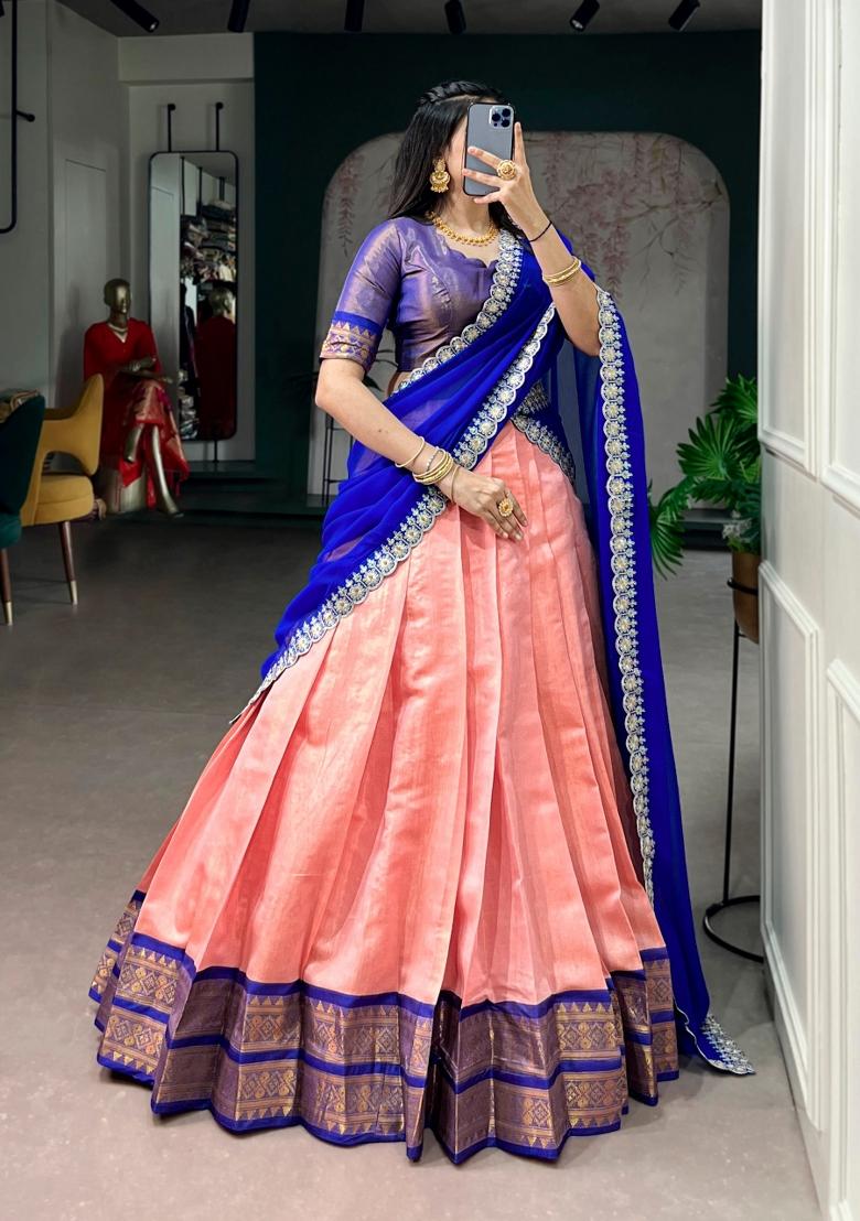 Peach Embroidered Kanchipuram Lehenga Set - Indya