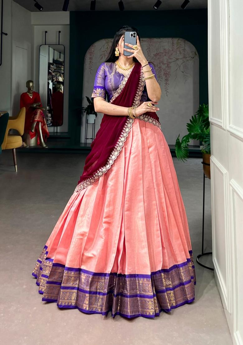 Peach Embroidered Kanchipuram Lehenga Set - Indya