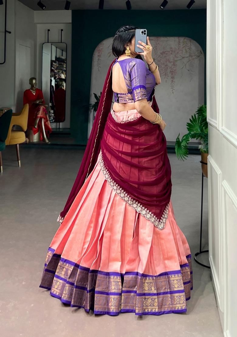Peach Embroidered Kanchipuram Lehenga Set - Indya