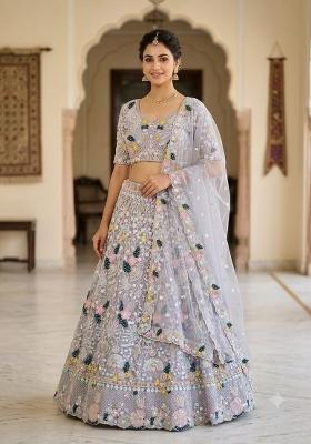 White Embroidered Net Lehenga Set