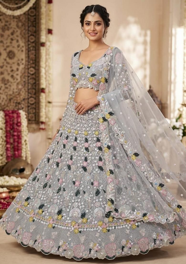 White Embroidered Net Lehenga Set - Indya