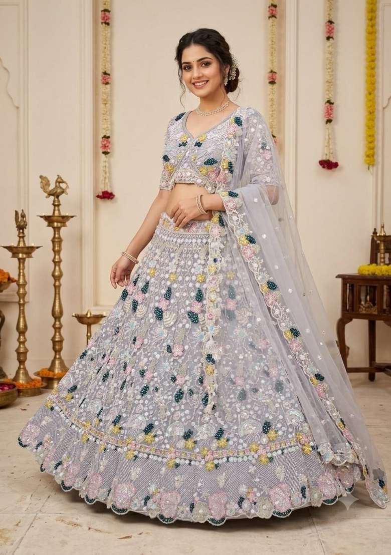 White Net Lehenga Set with Embroidered for Diwali | Wedding & Festive Wear - Indya